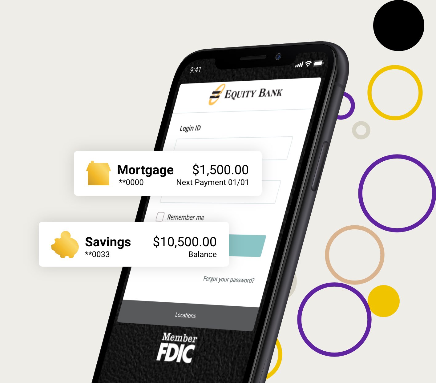 Graphic of cell phone with Noble Trust Banking app on screen and circles in the background